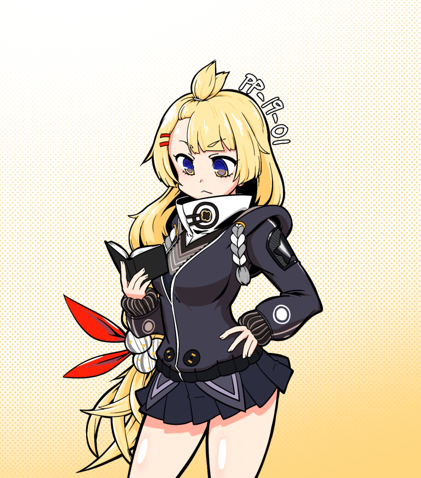 1girl, black_jacket, black_skirt, blonde_hair, book, girls_frontline, hair_ornament, highres