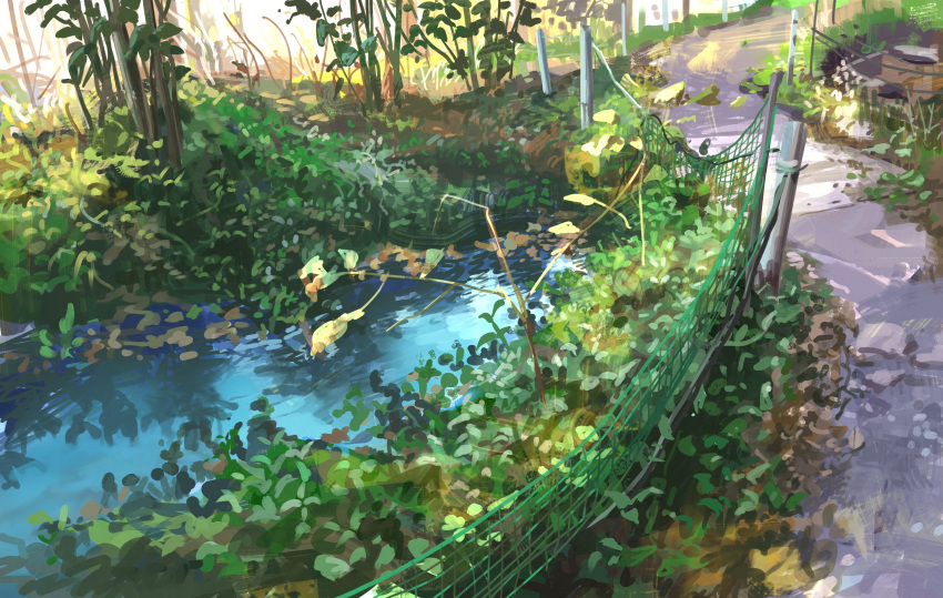 bush, day, fence_post, grass, highres, net, no_humans, original, path, plant, pond, reflection, reflective_water, rope_fence, sanegesan, scenery, shadow, sunlight, tree