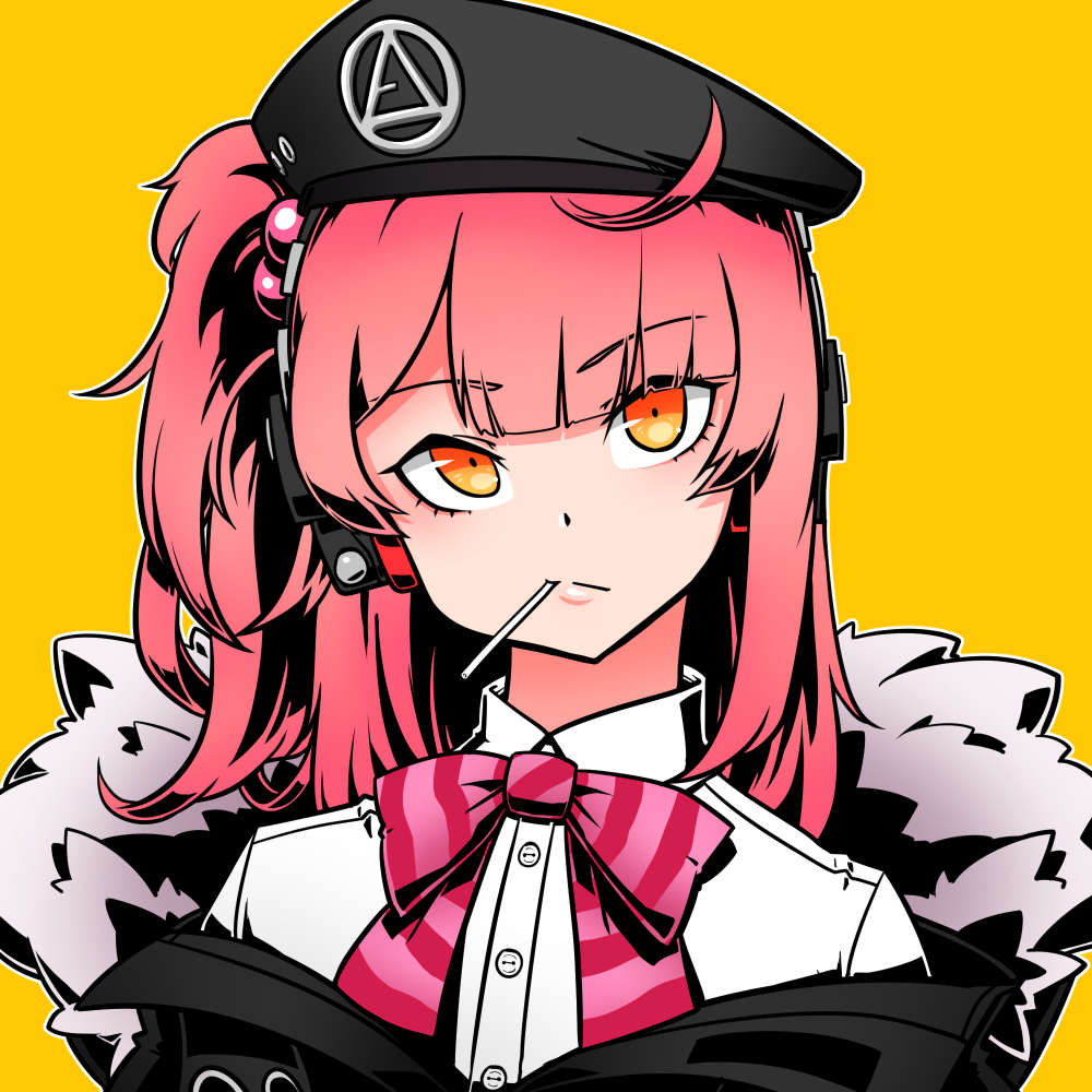 1girl, black_jacket, candy, food, fur-trimmed_jacket, fur_trim, girls_frontline, hair_ornament, jacket, lollipop, mp7_(girls'_frontline), necktie, one_side_up, pink_hair, pink_necktie, shirt, solo, voodoowood, white_shirt, yellow_eyes