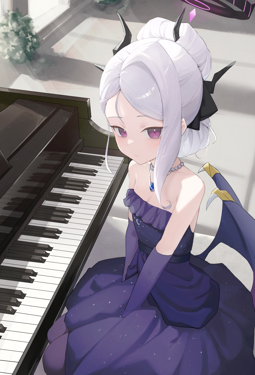 1girl, absurdres, black_horns, blue_archive, blush, breasts, dangle_earrings, demon_horns