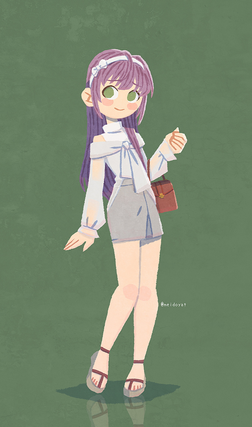 1girl, alt_text, alternate_costume, bag, blouse, blush_stickers, bow_hairband, brown_bag