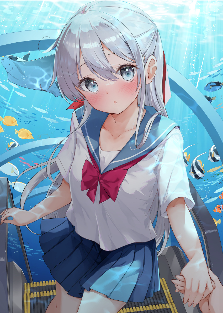 1girl, absurdres, aquarium, aquarium_tunnel, blue_eyes, blush, bow, collarbone