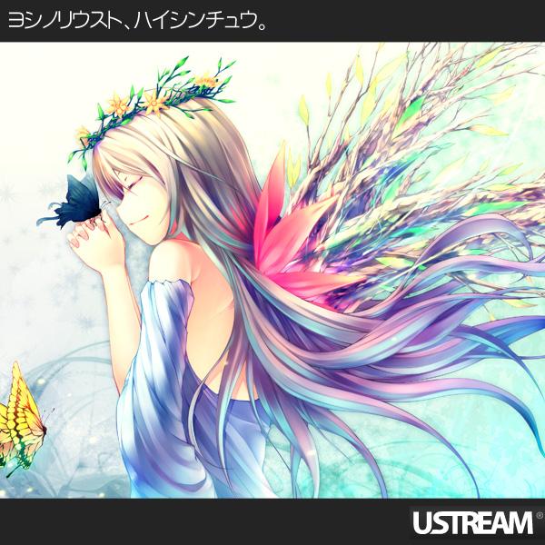 blonde_hair, butterfly, closed_eyes, hands_clasped, head_wreath, long_hair, original, plant_wings, solo, wings, yoshino_ryou