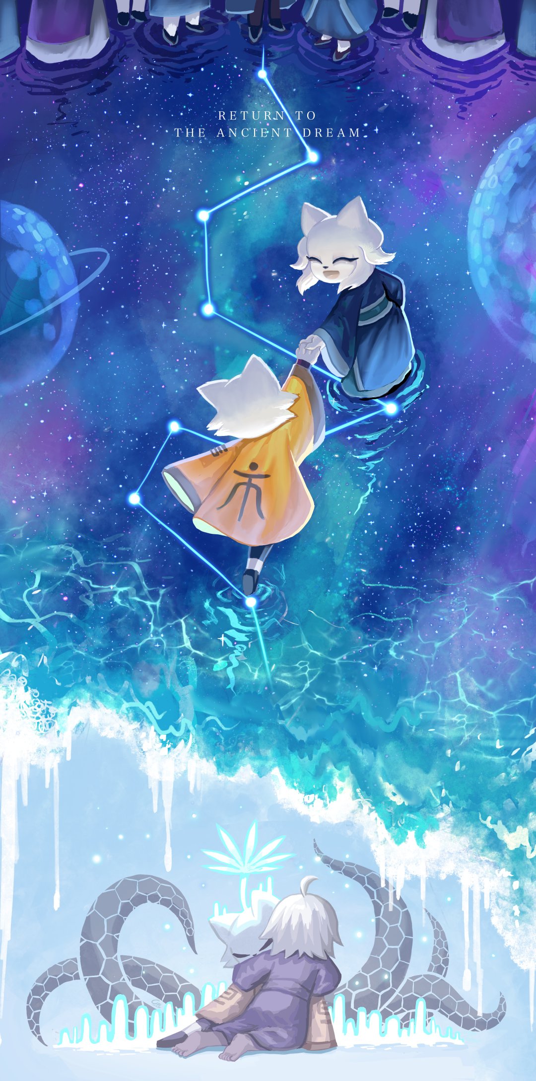 1girl, 2boys, 6+others, blue_hanfu, cat_boy, cat_girl, citipati000, closed_eyes