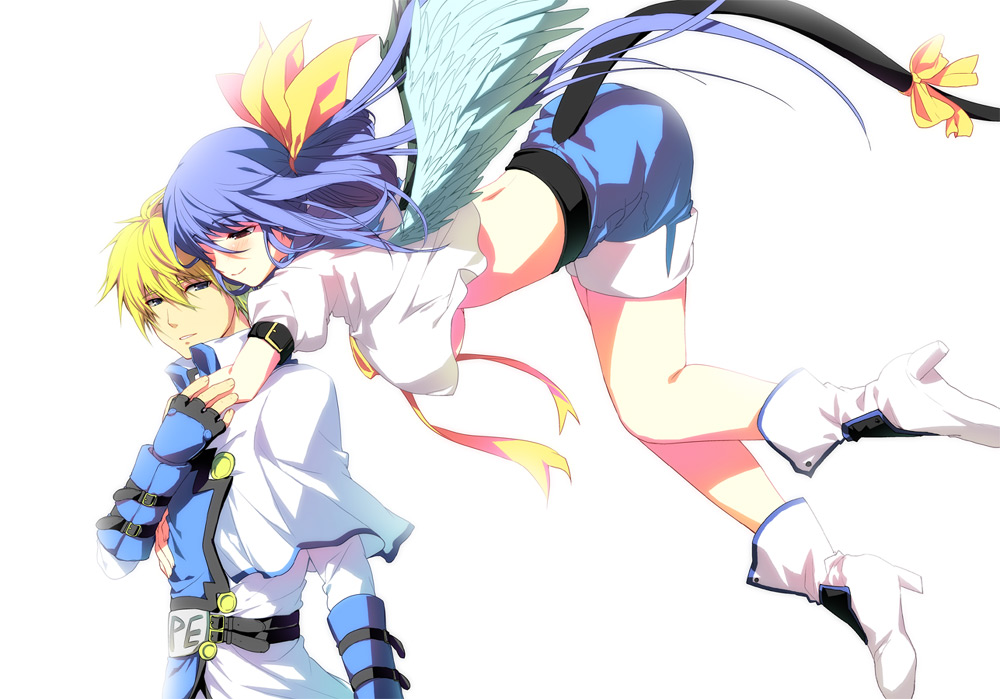1girl, asymmetrical_wings, blue_hair, blush, breasts, couple, dizzy, flying, guilty_gear, hug, ky_kiske, midriff, ookami_ryousuke, ponytail, ribbon, sakimi_tama, tail, tail_ribbon, under_boob, underboob, wings