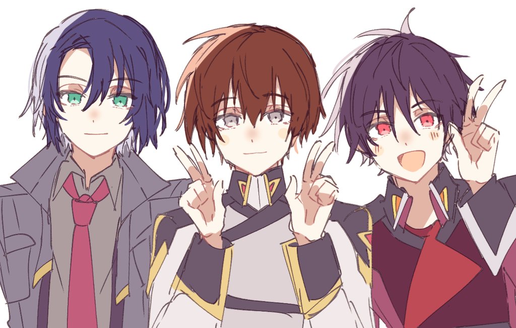 3boys, athrun_zala, black_hair, blue_hair, brown_hair, coat, compass_uniform, er1ji6ou2004