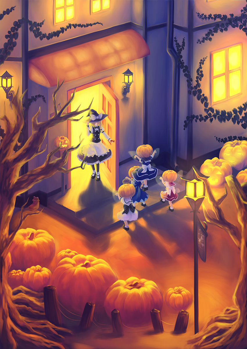 blonde_hair, cirno, door, halloween, hand_on_hat, hat, hat_tip, highres