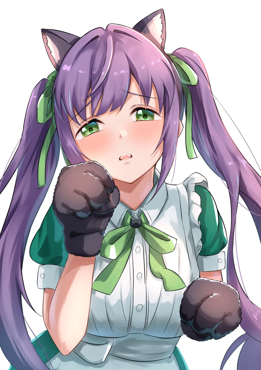 1girl, absurdres, animal_hands, apron, black_gloves, black_hairband, blush, breasts, collared_dress, commentary, d:, dress, embarrassed, gloves, green_dress, green_eyes, green_ribbon, hair_ribbon, hairband, highres, ixianim, link!_like!_love_live!, long_hair, looking_at_viewer, love_live!, maid, maid_apron, medium_breasts, neck_ribbon, official_alternate_costume, official_alternate_hairstyle, open_mouth, otomune_kozue, paw_gloves, paw_pose, puffy_short_sleeves, puffy_sleeves, purple_hair, ribbon, short_sleeves, sidelocks, simple_background, solo, teeth, twintails, upper_body, upper_teeth_only, virtual_youtuber, white_apron, white_background