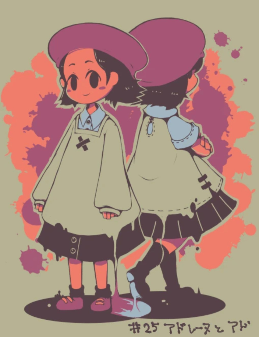 1girl, adeleine, alternate_skin_color, beret, black_eyes, black_hair, black_socks, blush_stickers