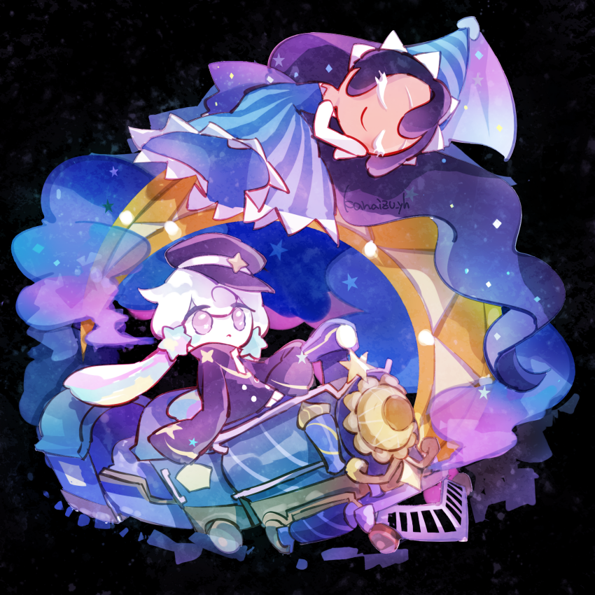 2girls, :<, arm_support, artist_name, black_background, blue_dress, blue_hair, blue_hat