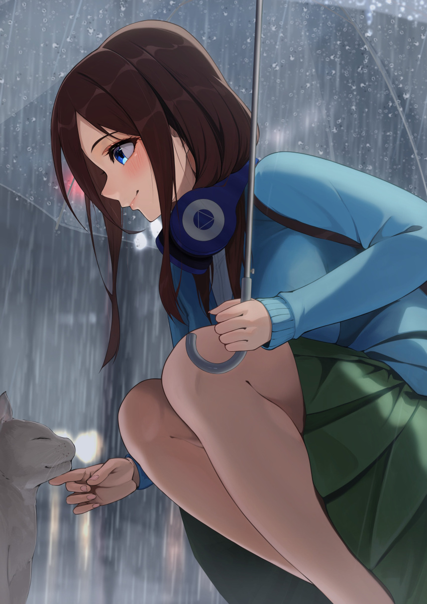 1girl, absurdres, alternate_breast_size, bag, bent_over, blue_cardigan, blue_dress, blue_eyes