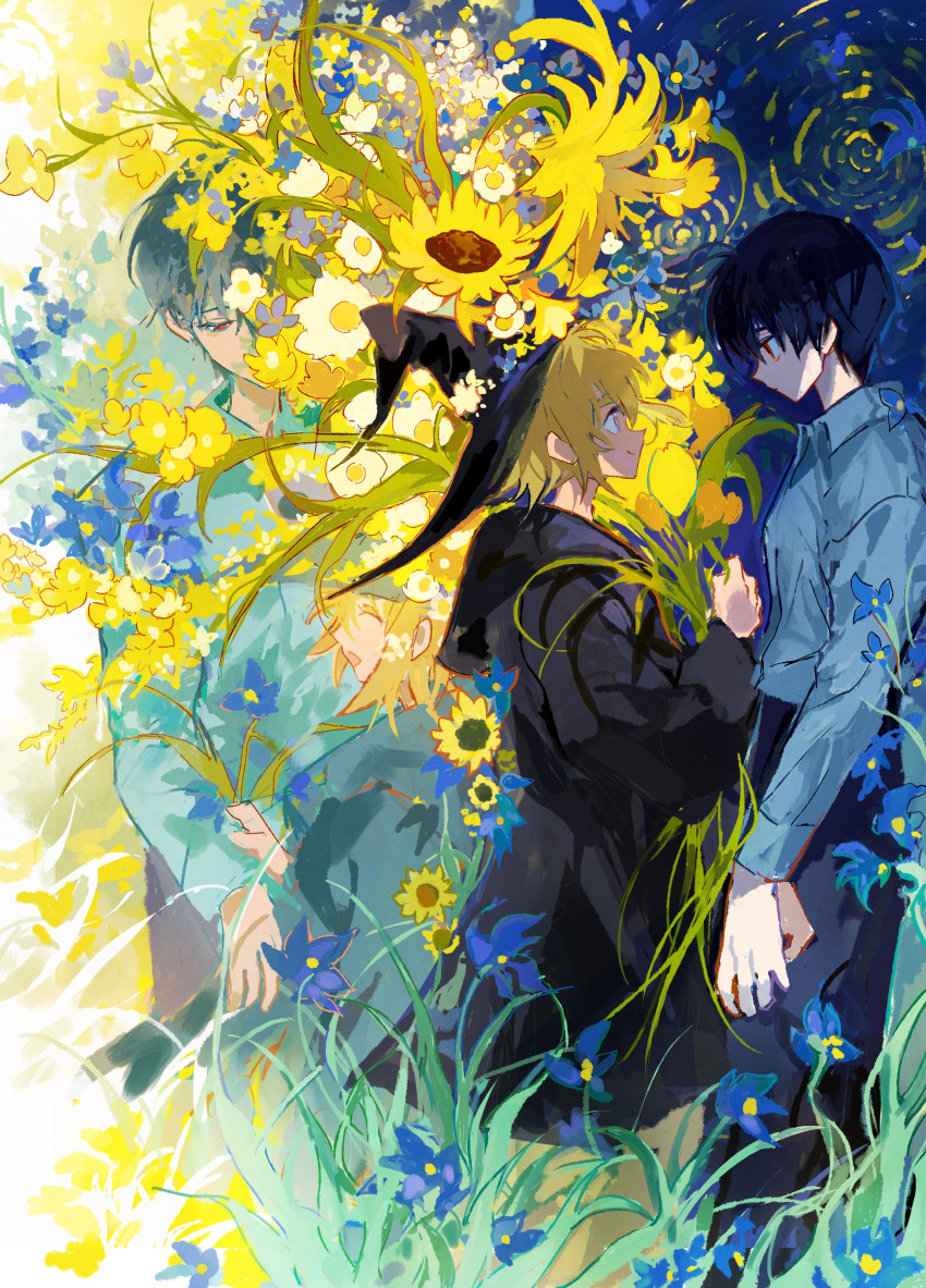 12anchovy, 2boys, :d, absurdres, arm_at_side, black_cloak, black_hair, black_hat