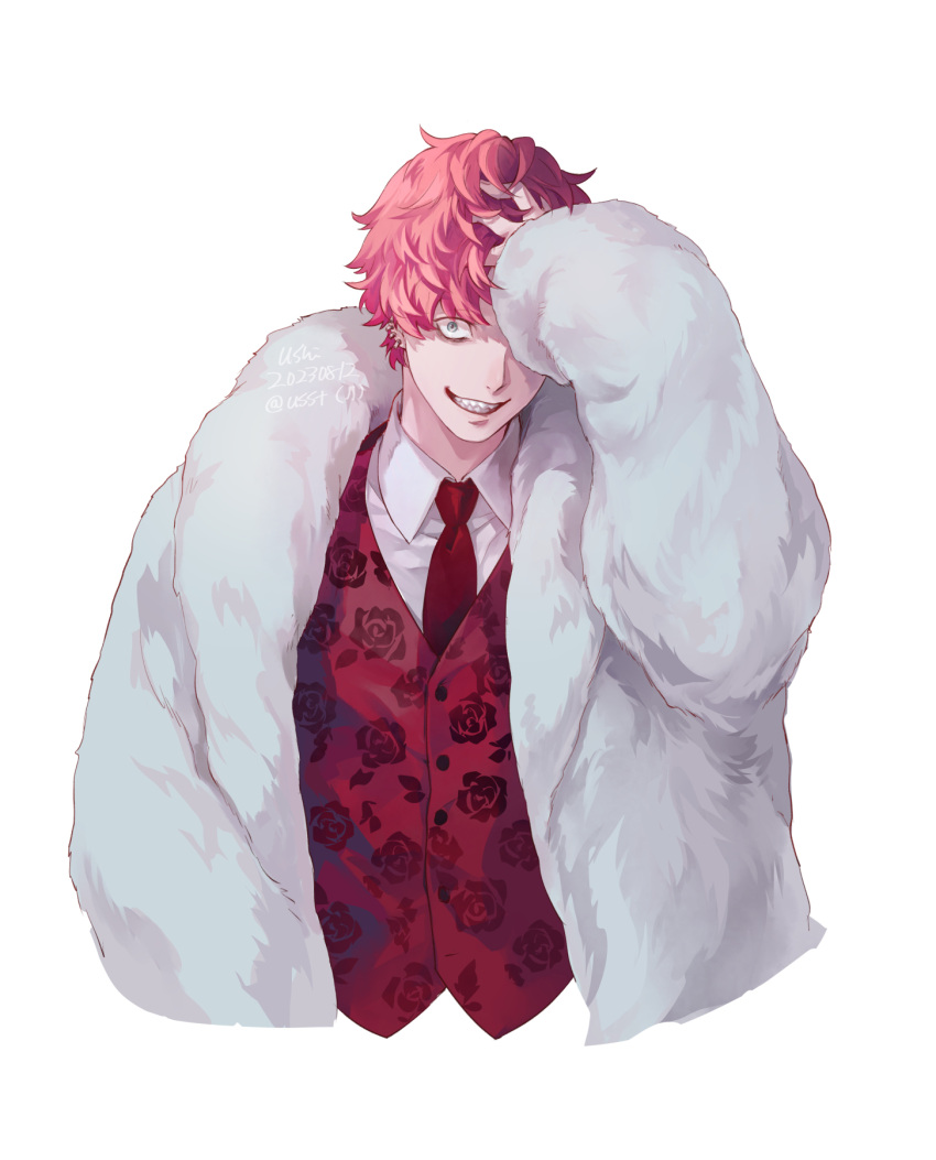 1boy, akari_doppo, ayashimon, coat, dated, fur_coat, grey_eyes, grin