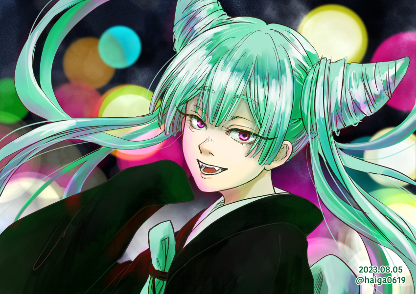 1girl, absurdres, aqua_hair, artist_name, ayashimon, black_kimono, comic_panel_redraw, dated, derivative_work, fangs, haiga0619, hair_horns, highres, japanese_clothes, kimono, long_hair, looking_at_viewer, open_mouth, outdoors, pink_eyes, solo, twintails, upper_body, urara_(ayashimon)