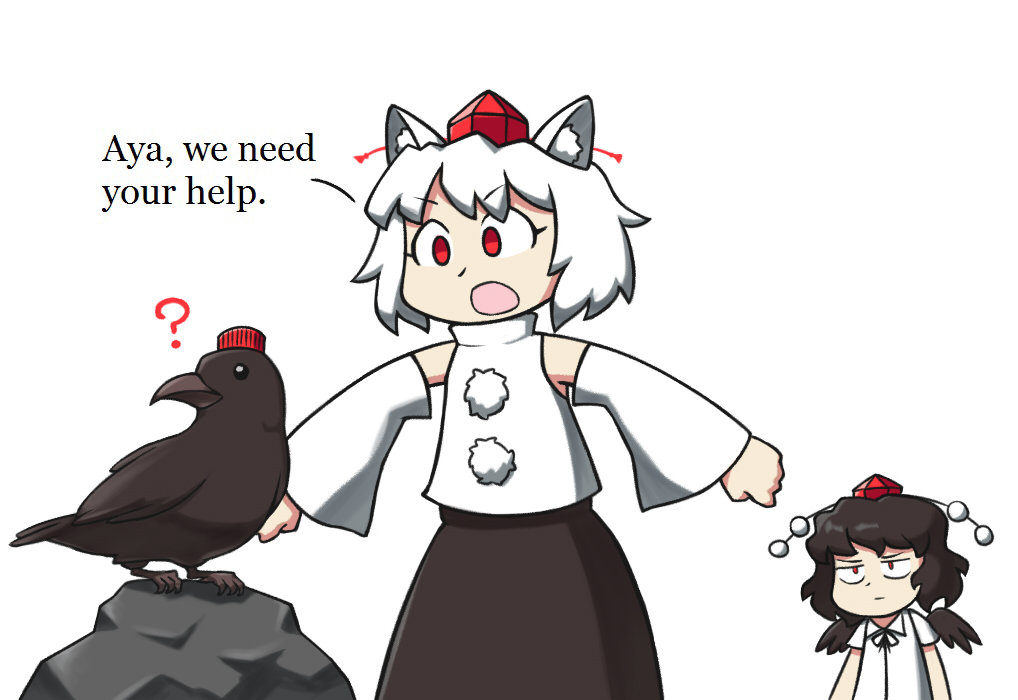 :o, ?, animal_ears, bird, black_hair, black_skirt, collared_shirt, crow