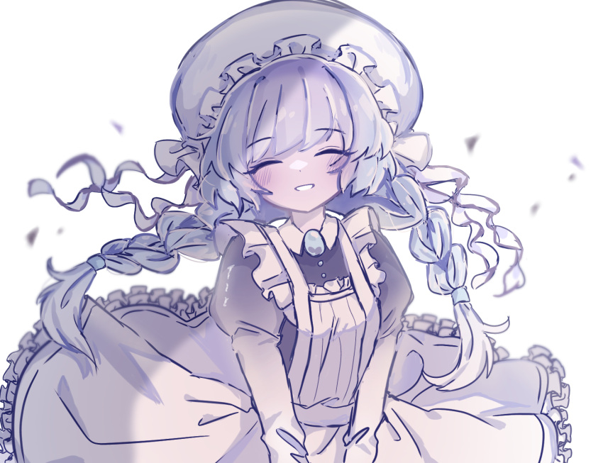 1girl, ^_^, alternate_costume, apron, black_dress, blue_brooch, blue_hair, blush