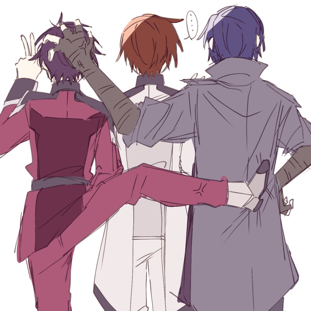 3boys, athrun_zala, black_hair, blue_hair, brown_hair, coat, compass_uniform, er1ji6ou2004