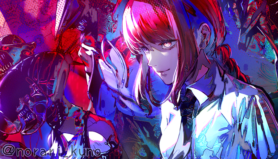1girl, black_necktie, chainsaw_man, closed_mouth, collared_shirt, commentary_request, demon_boy, long_hair