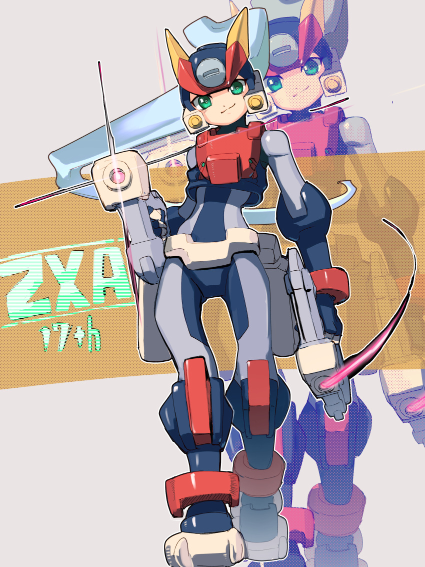 1girl, absurdres, anniversary, armor, ashe_(mega_man), black_footwear, black_helmet, blue_hair, bodysuit, boots, dual_wielding, energy_gun, full_body, glint, grey_bodysuit, gun, helmet, high_ponytail, highres, holding, holding_gun, holding_weapon, light_blue_hair, mega_man_(series), mega_man_zx, mega_man_zx_advent, model_a_(mega_man), omochi_(mochi_skymega), power_armor, red_armor, red_helmet, smirk, weapon, white_background, zoom_layer