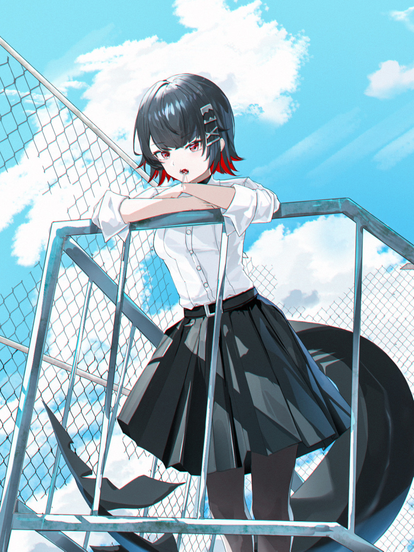1girl, against_railing, black_hair, black_skirt, blue_sky, candy, chain-link_fence, chibi, chibi_inset, clouds, day, ellen_joe, fence, fins, fish_tail, food, food_in_mouth, highres, lilin_(pixiv_25958194), lollipop, outdoors, pantyhose, railing, red_eyes, redhead, school_uniform, shark_tail, shirt, short_hair, skirt, sky, solo, tail, white_shirt, zenless_zone_zero