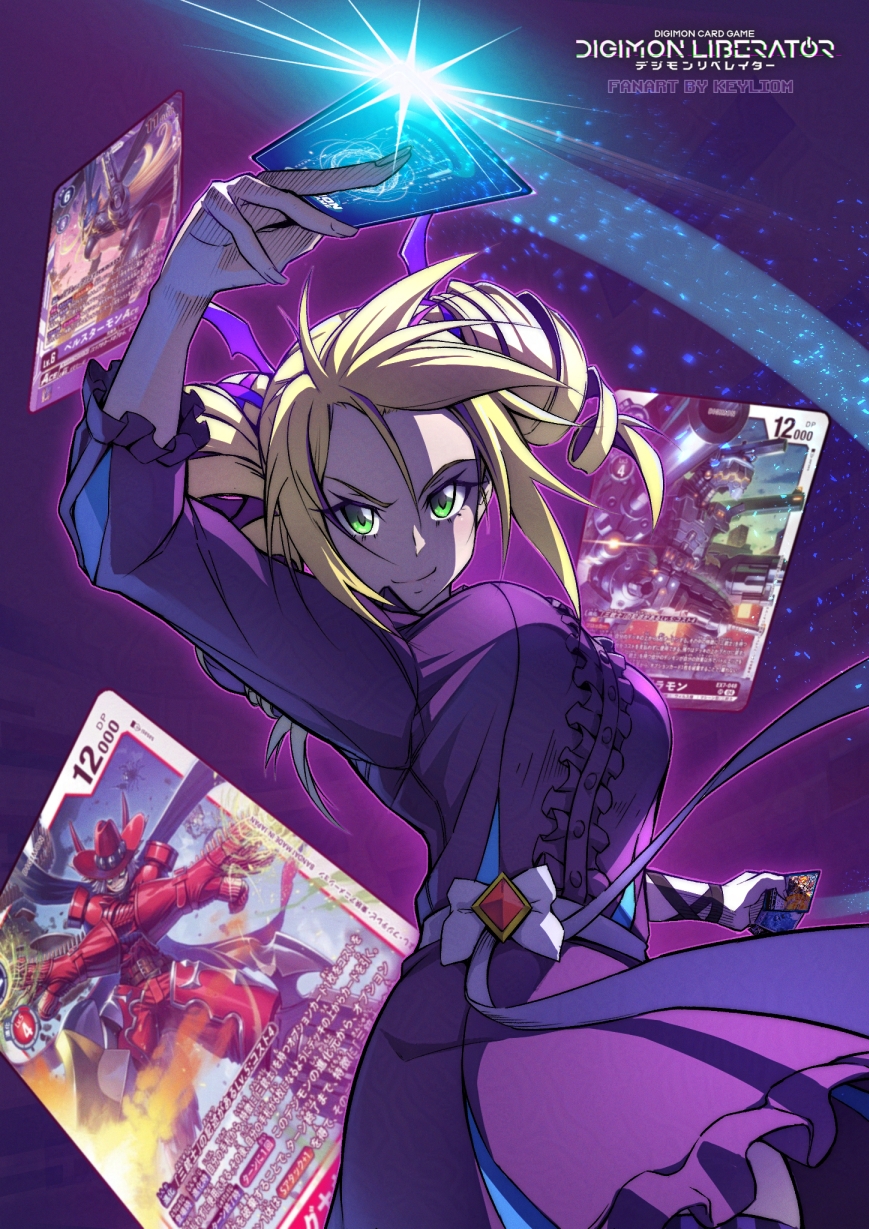 1girl, artist_name, beelstarmon, blonde_hair, breasts, card, commentary, copyright_name
