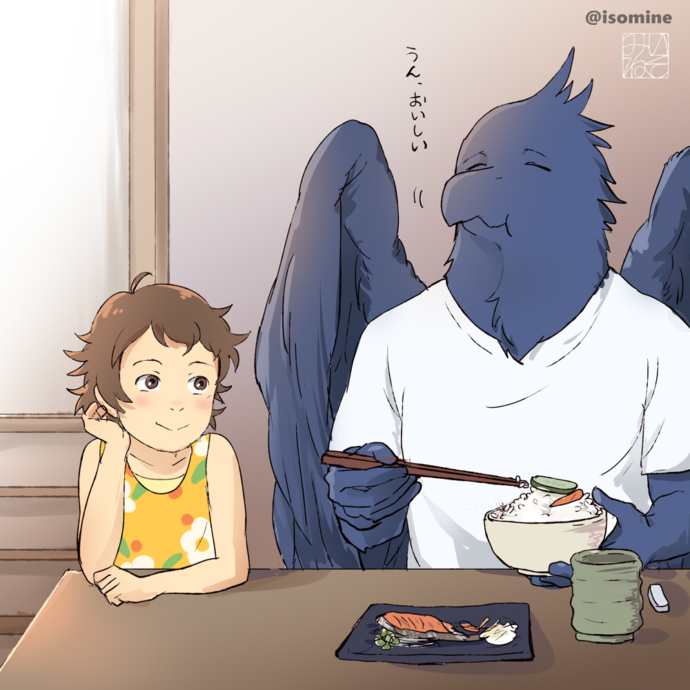 1boy, 1girl, artist_name, bird_boy, black_wings, bowl, brown_eyes, brown_hair