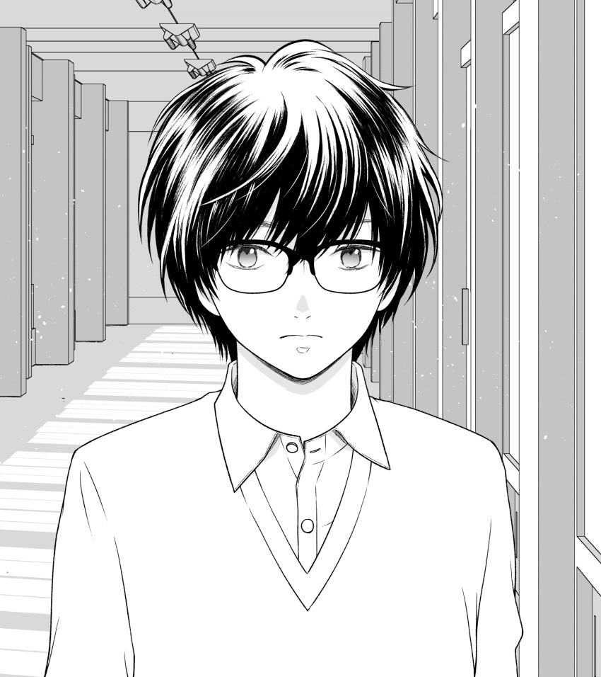 1boy, buttons, closed_mouth, collared_shirt, commentary_request, frown, glasses, greyscale