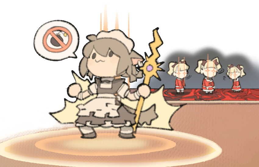 4girls, :3, animal_ears, apron, aura, blonde_hair, bomb, brown_dress, brown_hair, dress, explosive, final_fantasy, final_fantasy_xiv, frilled_dress, frills, glint, holding, holding_staff, looking_at_another, maid_apron, maid_headdress, miqo'te, multiple_girls, red_dress, restriction_sign, shoes, short_sleeves, speech_bubble, staff, standing, tail, temmie_chang, triplets, twintails, wristband