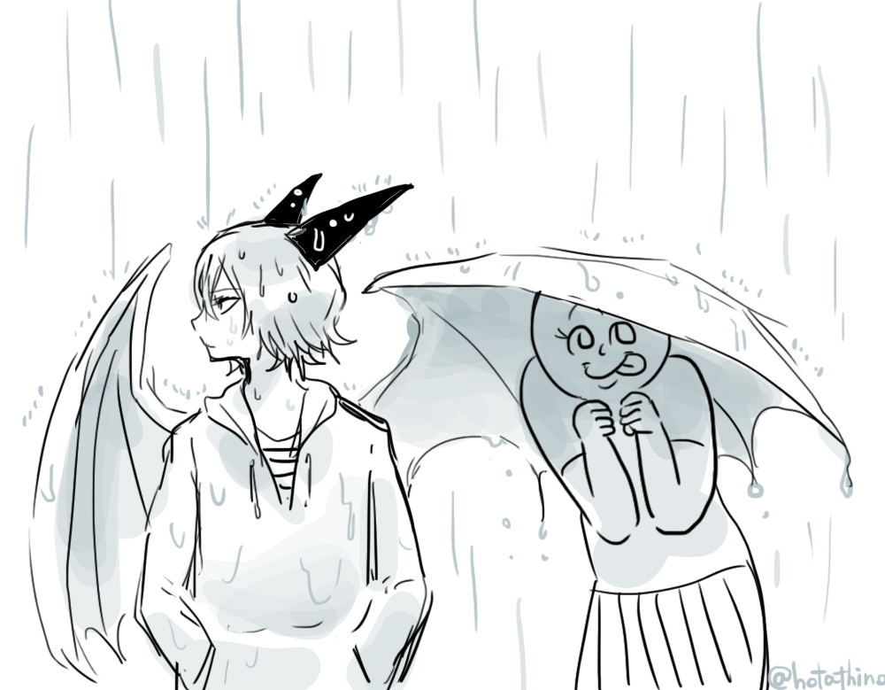 1boy, 1girl, commentary_request, dragon_boy, dragon_horns, dragon_wings, greyscale, hands_in_pockets