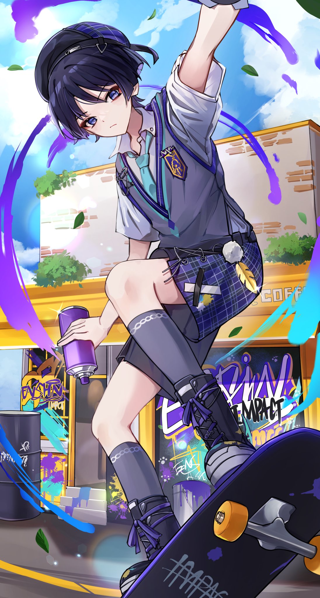 1boy, alternate_costume, aomiya_souju, aqua_necktie, barrel, beret, black_footwear, black_shorts