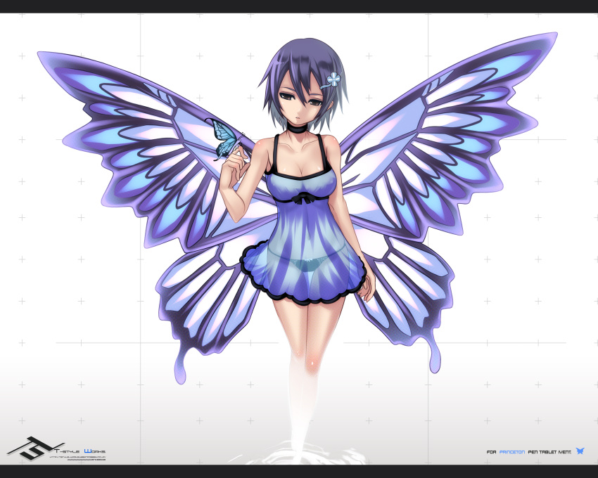 absurdres, bare_legs, bare_shoulders, black_panties, blue_dress, blue_hair, breasts, brown_eyes, butterfly, butterfly_wings, choker, cleavage, collarbone, copyright_request, dress, hair_ornament, highres, original, panties, purple_hair, see-through, see_through, short_hair, simple_background, solo, strap, t-track_(artist), underwear, wings