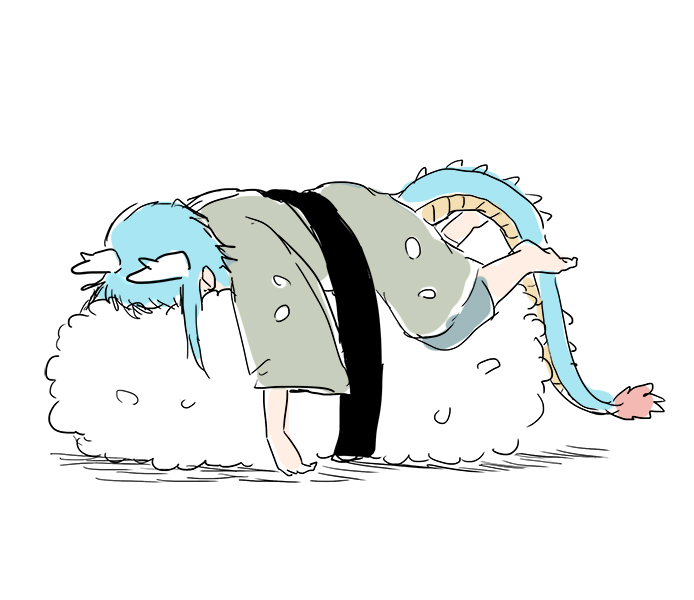 1boy, barefoot, blue_hair, commentary_request, dragon_boy, eastern_dragon_horns, eastern_dragon_tail, food