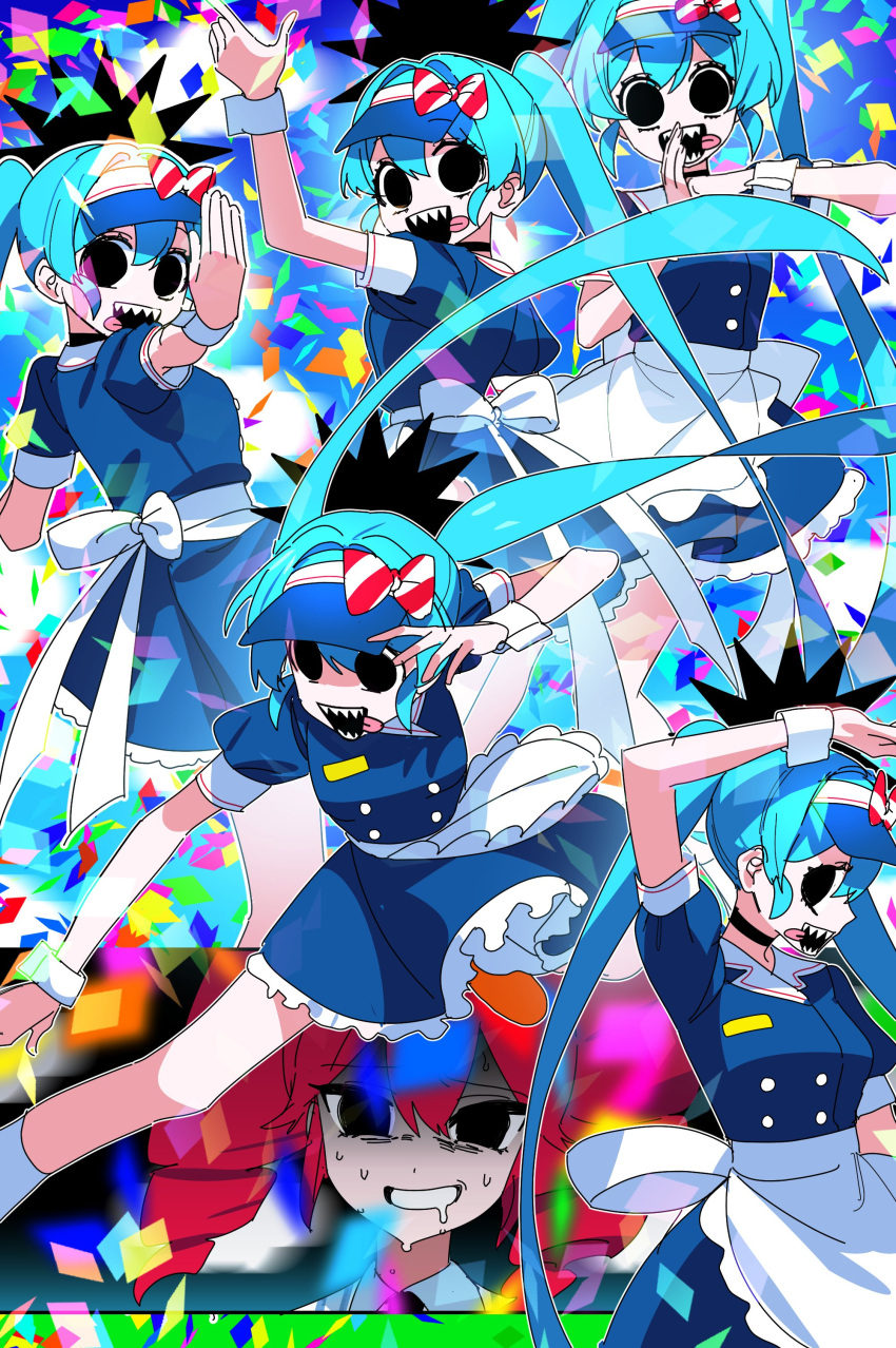 2girls, absurdres, alternate_costume, alternate_eye_color, bags_under_eyes, black_choker, black_eyes, blue_background, blue_dress, blue_hair, breasts, choker, clouds, commentary, confetti, crazy, dress, drill_hair, drooling, empty_eyes, fighting_stance, floating_hair, forced_smile, grin, hand_up, haou_airen, hatsune_miku, highres, kasane_teto, kung_fu, long_hair, looking_at_viewer, mayu-tan_no_kung_fu_(meme), medium_breasts, medium_hair, meme, mesmerizer_(vocaloid), mouth_drool, multiple_girls, multiple_views, nervous_sweating, open_mouth, paldu, palm-fist_greeting, redhead, sharp_teeth, short_dress, smile, sweat, symbol-only_commentary, teeth, tongue, tongue_out, twin_drills, twintails, utau, visor_cap, vocaloid, wide-eyed, wrist_cuffs