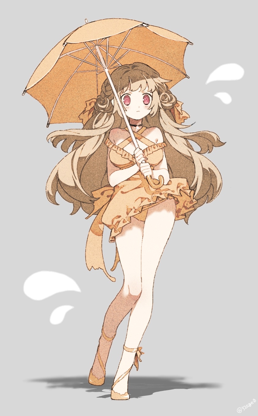 1girl, age_(karaagem0320), ankle_ribbon, bare_legs, bare_shoulders, black_choker, blonde_hair, blush, bow, braid, breasts, breasts_apart, choker, commentary, dot_nose, expressionless, full_body, grey_background, hair_bow, highres, holding, holding_umbrella, large_breasts, leg_ribbon, legs_together, long_hair, one-piece_swimsuit, orange_bow, orange_footwear, orange_one-piece_swimsuit, orange_skirt, original, red_eyes, ribbon, shadow, shoes, simple_background, skirt, solo, sparkle, standing, straight_hair, swimsuit, swimsuit_under_clothes, symbol-only_commentary, twitter_username, umbrella, walking