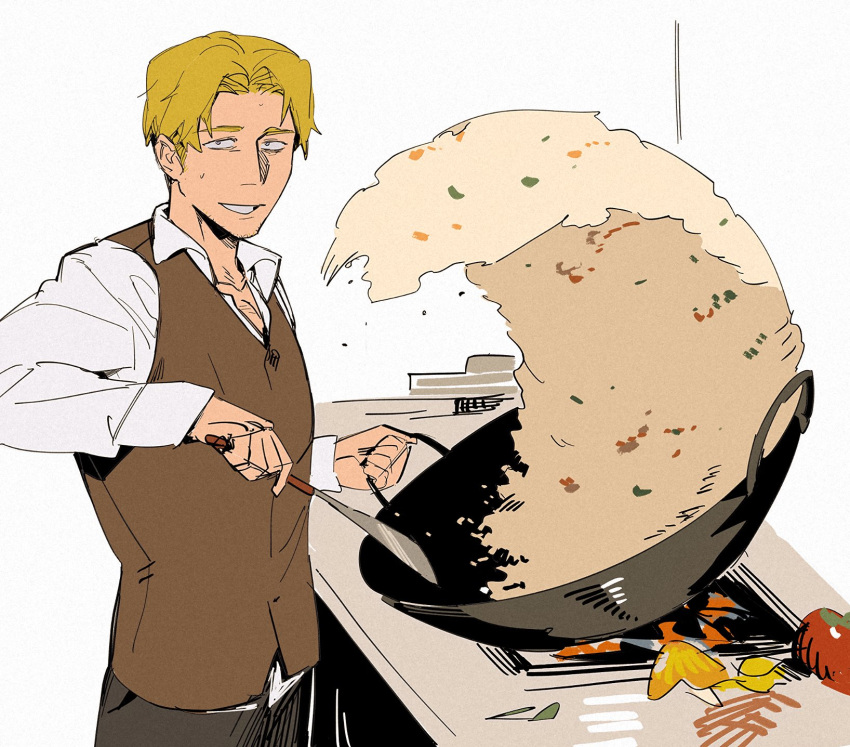 1boy, black_pants, blonde_hair, brown_vest, chinese_commentary, cooking, cowboy_shot, fear_&amp;_hunger