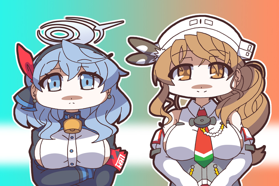 2girls, ako_(blue_archive), armband, bare_shoulders, bell, blue_archive, blue_eyes, blue_hair