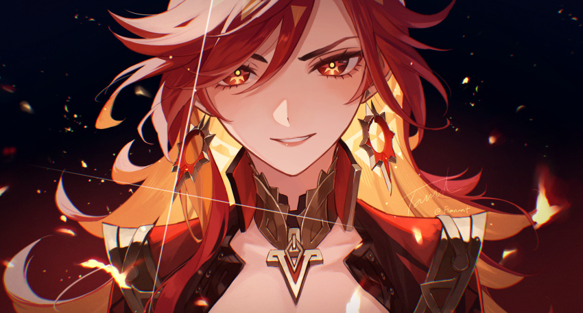 1girl, breasts, commentary_request, dark_background, earrings, embers, fire, fomnant