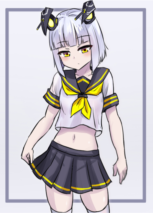 1girl, azur_lane, black_skirt, blush, commentary_request, cosplay, cropped_shirt, explorer_(azur_lane), facing_viewer, headgear, looking_at_self, looking_down, matsunaga_maguro, medium_hair, midriff, miniskirt, navel, neckerchief, pleated_skirt, purifier_(azur_lane), purifier_(azur_lane)_(cosplay), sailor_collar, school_uniform, serafuku, shirt, siren_(azur_lane), skirt, skirt_tug, solo, white_hair, white_shirt, yellow_eyes, yellow_neckerchief