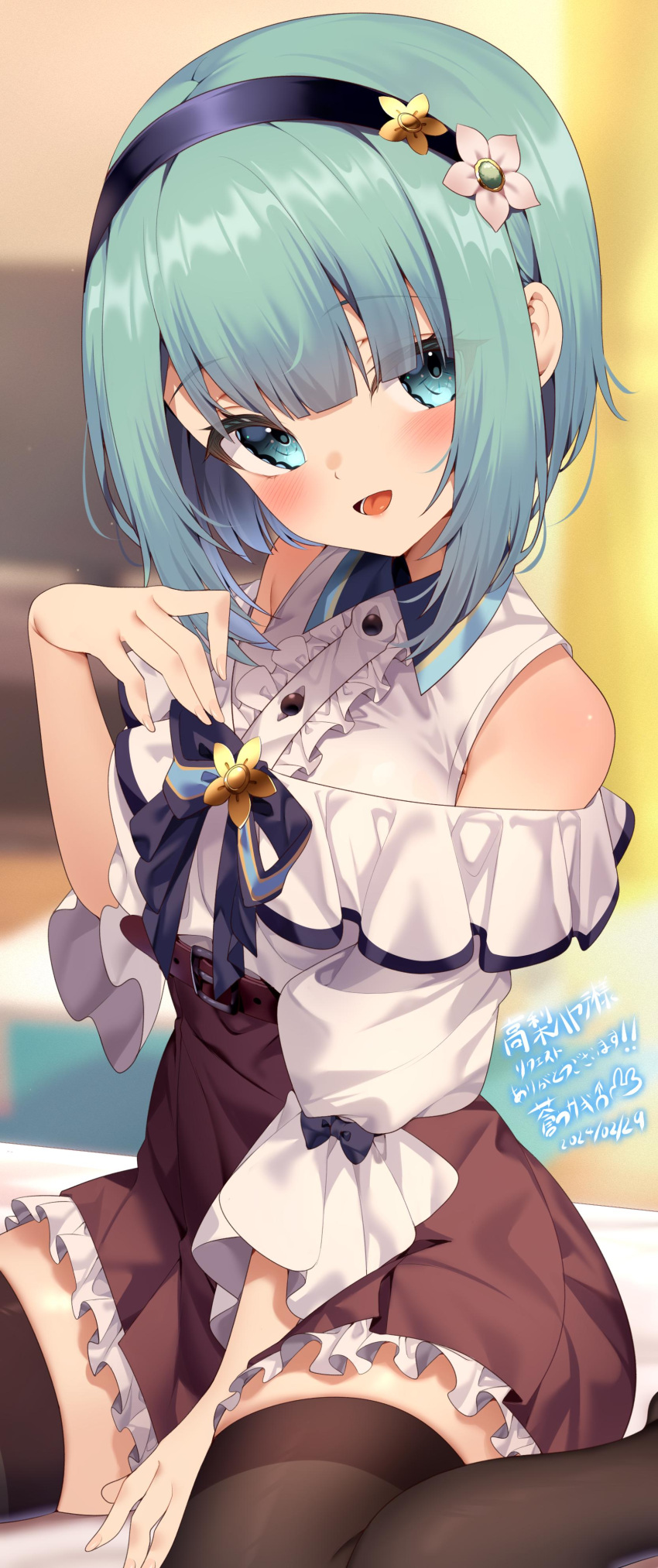 1girl, absurdres, bare_shoulders, belt, black_hairband, black_thighhighs, blush, brown_belt, brown_skirt, center_frills, commissioner_name, dated, flower, frilled_skirt, frills, green_eyes, green_hair, hair_flower, hair_ornament, hairband, head_tilt, highres, indie_virtual_youtuber, jun_(aousa0328), looking_at_viewer, open_mouth, shirt, short_hair, signature, sitting, skirt, sleeveless, sleeveless_shirt, smile, solo, takanashi_hayate, thank_you, thigh-highs, virtual_youtuber, white_shirt