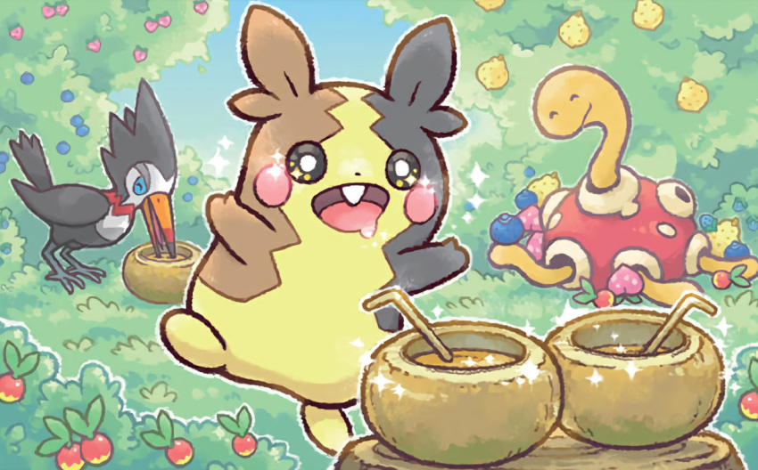 beak, berry_(pokemon), black_fur, brown_fur, bush, coconut_cup, day, drinking_straw