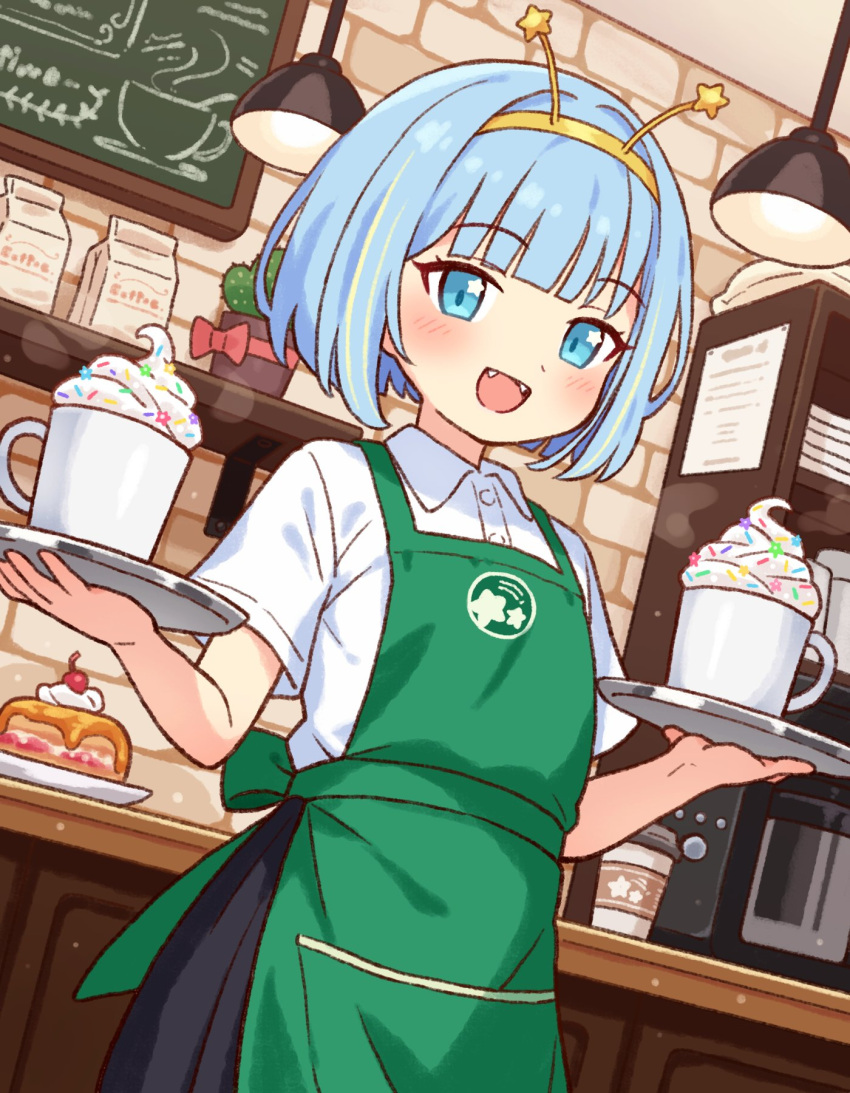 1girl, apron, barista, black_skirt, blonde_hair, blue_eyes, blue_hair, buttons