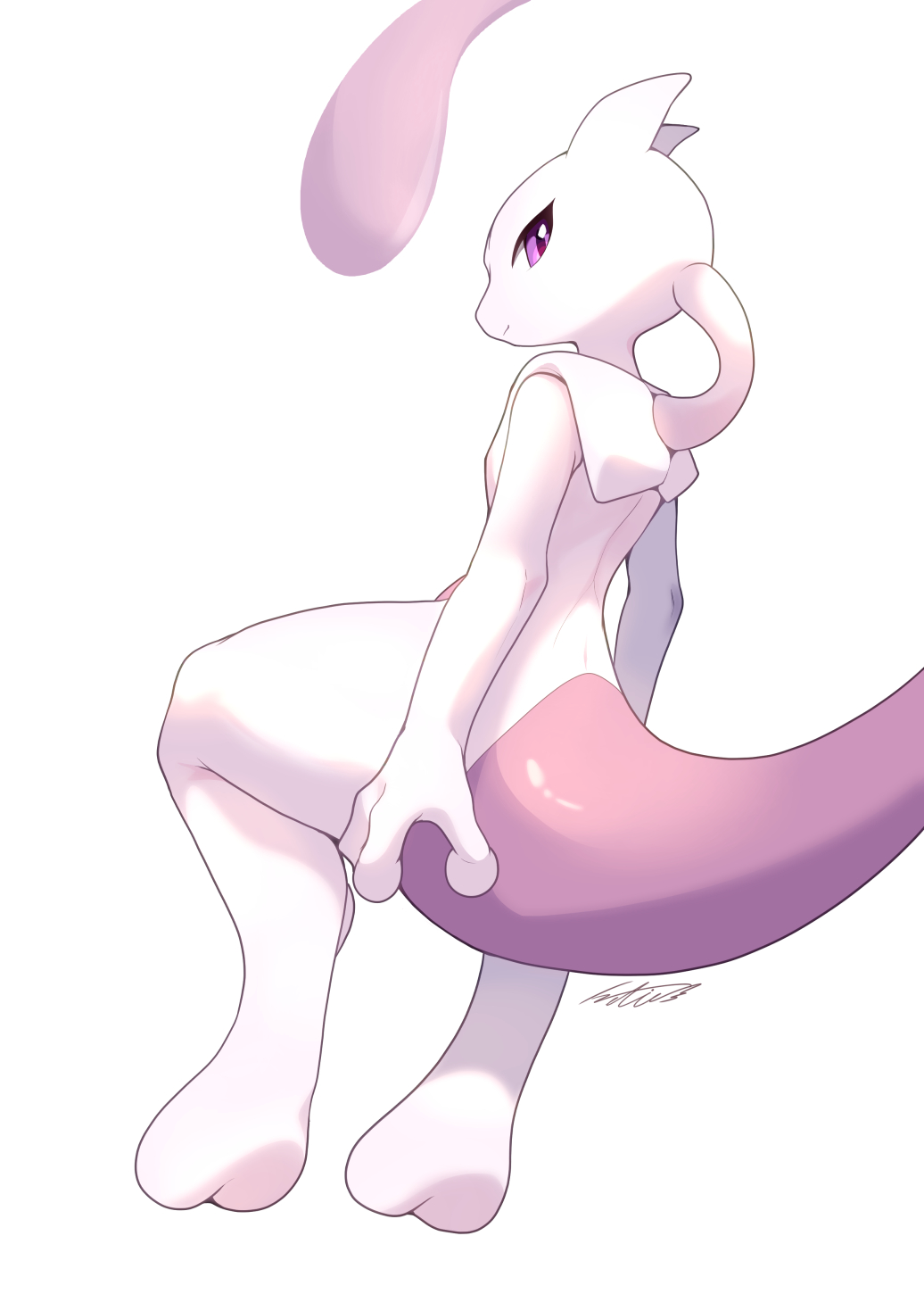 closed_mouth, colored_skin, highres, looking_at_viewer, looking_back, mewtwo, multicolored_skin, netiel