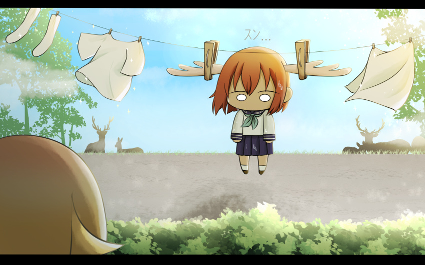 ..., 2girls, antlers, blonde_hair, blue_skirt, brown_hair, bush, chibi