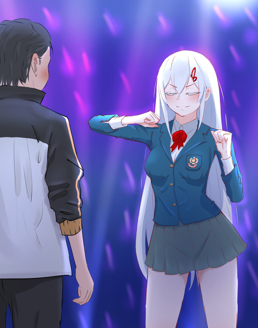 1boy, 1girl, absurdres, babywipes, black_hair, blue_jacket, blush, breasts