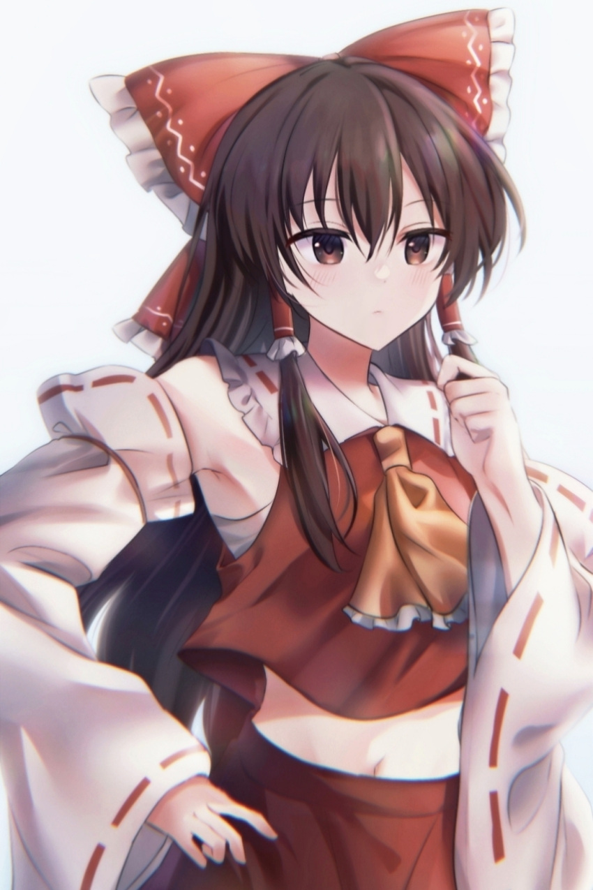 1girl, ascot, bow, brown_eyes, brown_hair, closed_mouth, commentary_request, detached_sleeves