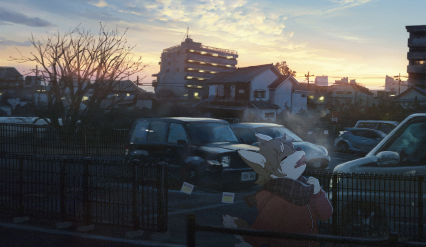 1boy, animal_ears, bare_tree, breath, car, child, city, dog_boy