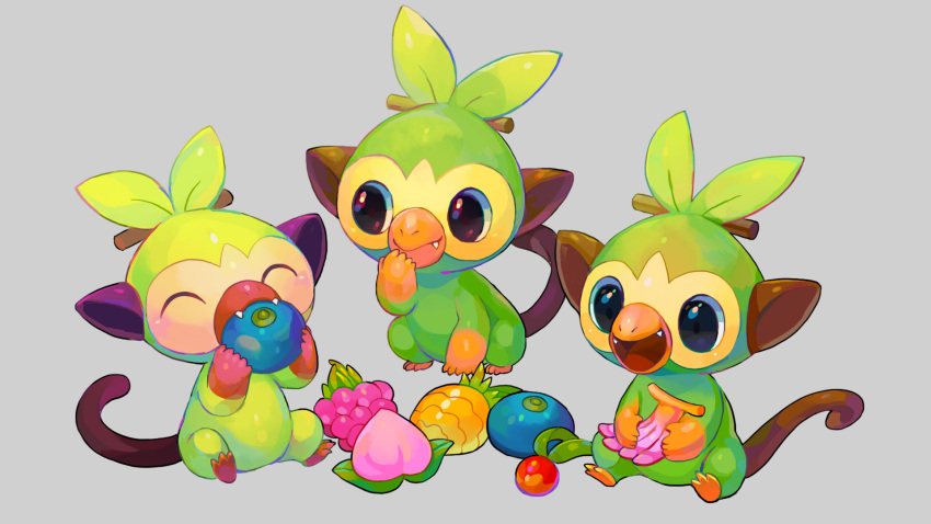 berry_(pokemon), closed_eyes, eating, food, green_fur, grey_background, grookey, highres