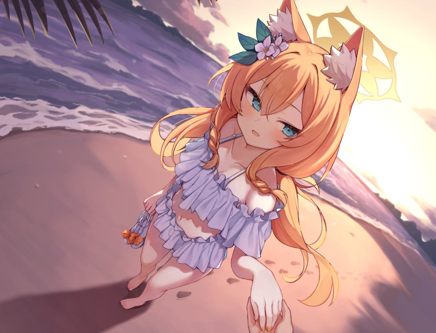 1girl, animal_ear_fluff, animal_ears, backlighting, bare_legs, bare_shoulders, barefoot, beach, bikini, blue_archive, blue_eyes, blush, clouds, cloudy_sky, evening, feet, flower, footprints, frilled_bikini, frills, from_above, gradient_sky, hair_between_eyes, hair_flower, hair_ornament, halo, highres, holding, holding_clothes, holding_footwear, holding_hands, holding_sandals, holding_shoes, horizon, long_hair, looking_at_viewer, mari_(blue_archive), monobe_tsukuri, navel, ocean, open_mouth, orange_hair, orange_sky, outdoors, pov, pov_hands, sand, sandals, shoes, sky, smile, solo_focus, sun, sunset, swimsuit, toes, unworn_sandals, water, white_bikini, white_flower, yellow_halo, yellow_sky