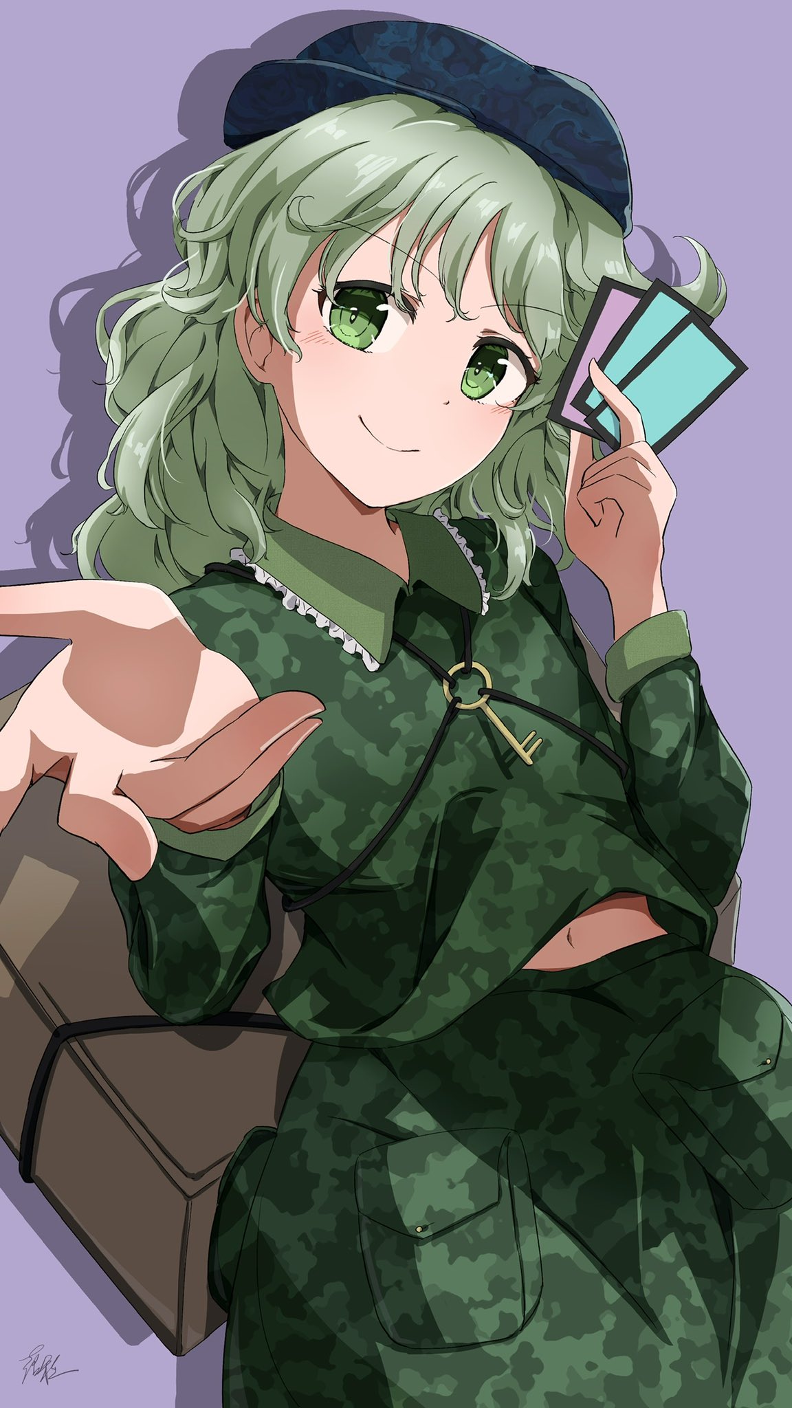 1girl, ability_card_(touhou), backpack, bag, blue_hat, brown_bag, cabbie_hat, camouflage
