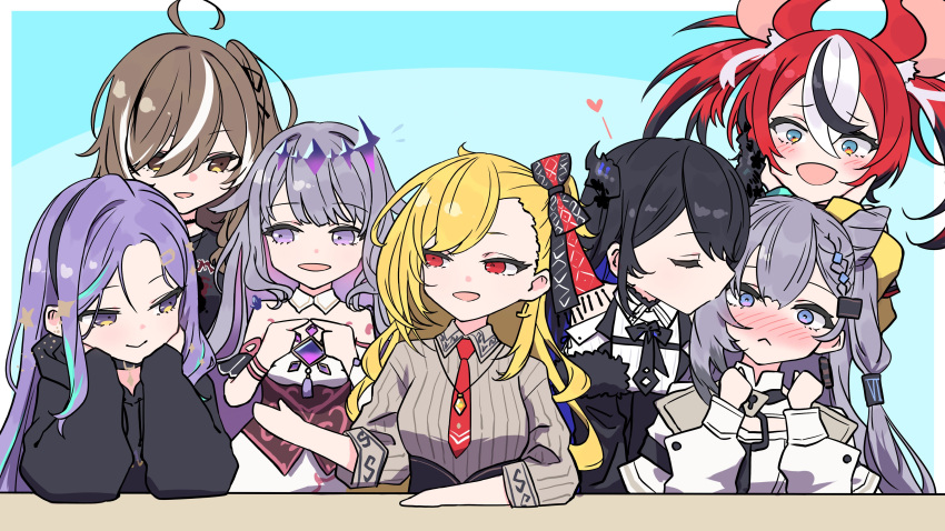 6+girls, absurdres, ahoge, animal_ears, black_hair, blonde_hair, blue_eyes, blush, bow, brown_eyes, brown_hair, cone_hair_bun, futomoy, grey_hair, hair_bow, hair_bun, hakos_baelz, hakos_baelz_(1st_costume), highres, hololive, hololive_english, hololive_indonesia, hood, hoodie, horns, kaela_kovalskia, kaela_kovalskia_(business_casual), kiss, kissing_cheek, koseki_bijou, koseki_bijou_(1st_costume), long_hair, moona_hoshinova, moona_hoshinova_(punk_rock), mouse_ears, multiple_girls, nanashi_mumei, nanashi_mumei_(emo), necktie, nerissa_ravencroft, nerissa_ravencroft_(1st_costume), purple_hair, red_eyes, red_necktie, redhead, smile, twintails, vestia_zeta, vestia_zeta_(1st_costume), violet_eyes, virtual_youtuber
